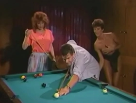 Nasty brunette sharon mitchell and playful redhaired floozie viper became worn out muscular dude to the billiard saloon and made him fuck both of them right on the pool table